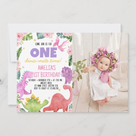 Leuke dinosaurus meisje 1e verjaardag uitnodiging (Voorkant)