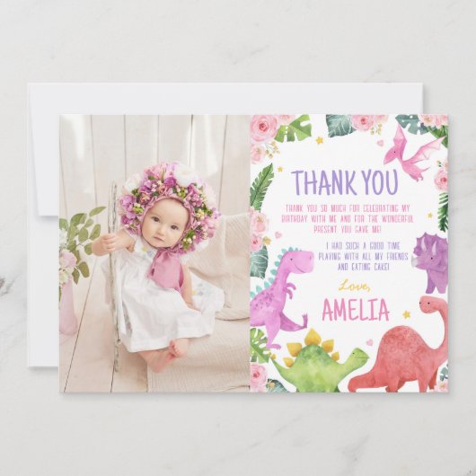 Leuke dinosaurus meisje verjaardag foto dank u kaa bedankkaart (Voorkant)