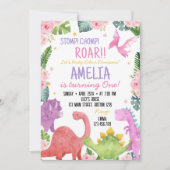 Leuke Dinosaurus Meisje Verjaardag Party Uitnodigi Kaart (Voorkant)