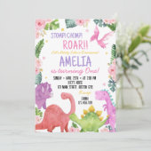 Leuke Dinosaurus Meisje Verjaardag Party Uitnodigi Kaart (Staand voorkant)