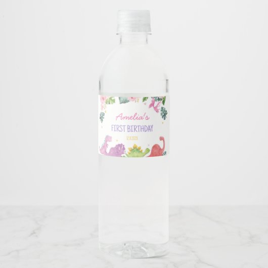 Leuke Dinosaurus Meisje Verjaardag Water Fles Labe Waterfles Etiket (Voorkant)
