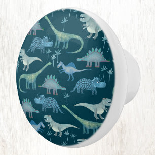 Leuke Dinosaurus Patroon Blauw Blauwgroen Groen Keramische Knop