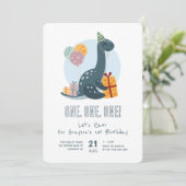 Leuke dinosaurus rawr blauw 1e verjaardag kaart (Staand voorkant)