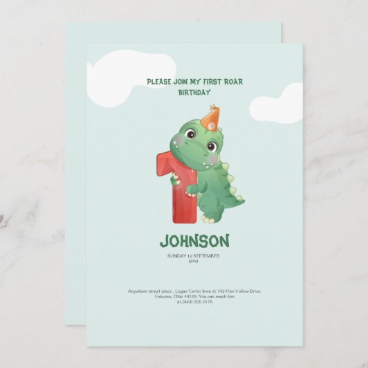 Leuke dinosaurus rawr party 1e verjaardag uitnodig feestdagenkaart (Voorkant / Achterkant)