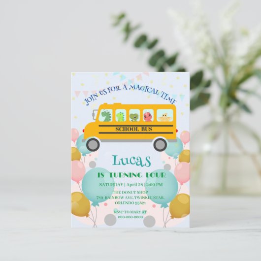 Leuke dinosaurus schoolbus verjaardagsfeestje doe- briefkaart (Staand voorkant)