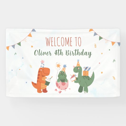Leuke Dinosaurus T-Rex 4e Verjaardagsfeest Sign Ba Spandoek (Horizontaal)