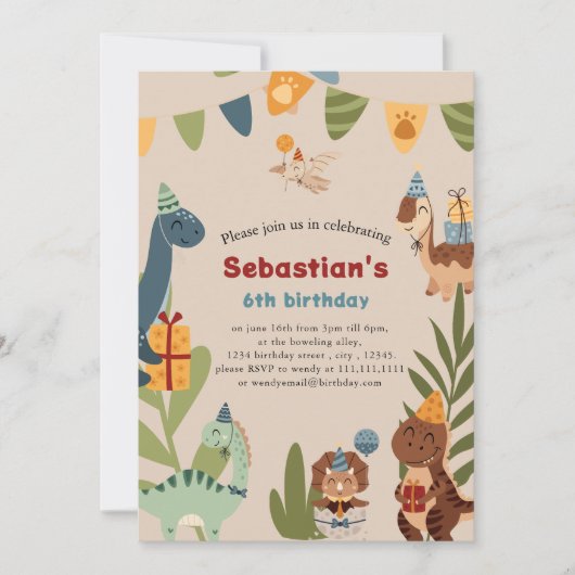 Leuke dinosaurus thema verjaardag uitnodiging (Voorkant)