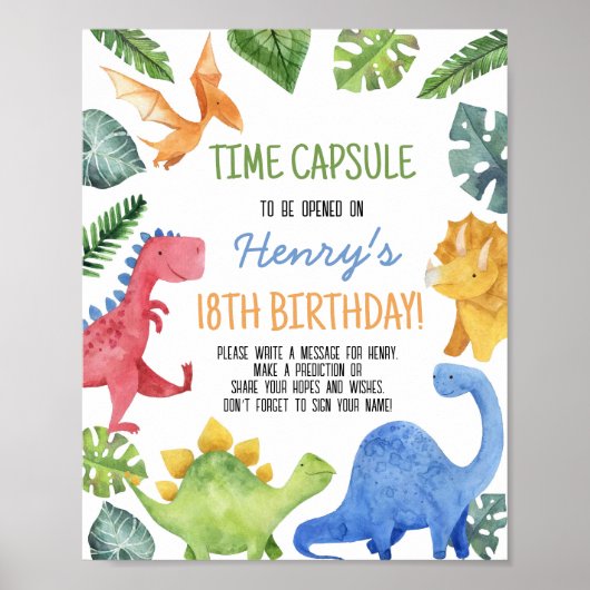 Leuke Dinosaurus Verjaardag Tijd Capsule teken Poster (Voorkant)