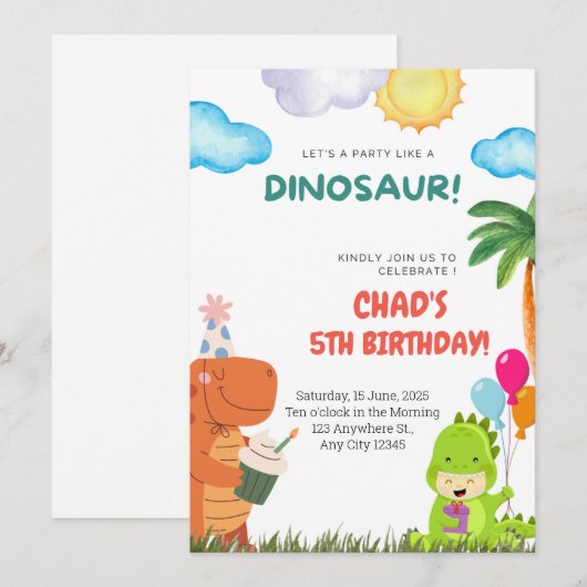 Leuke Dinosaurus Verjaardag Uitnodiging voor elke  (Voorkant / Achterkant)