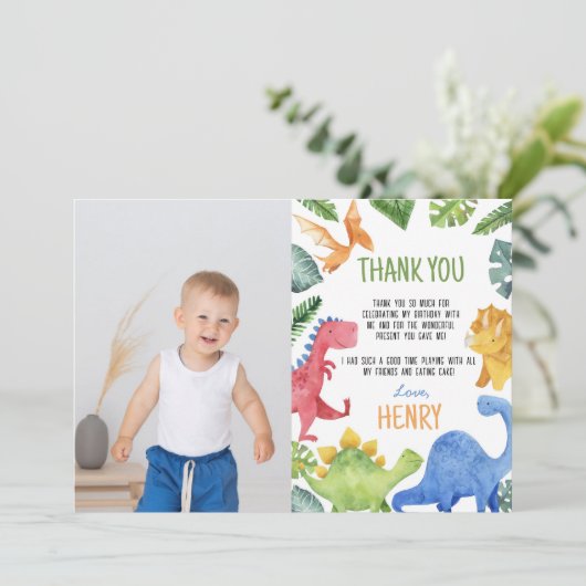 Leuke dinosaurussen verjaardag foto dank u kaart (Staand voorkant)