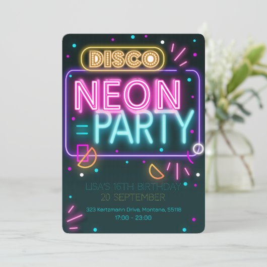 Leuke Disco Neon 16de verjaardagsuitnodiging Kaart (Staand voorkant)