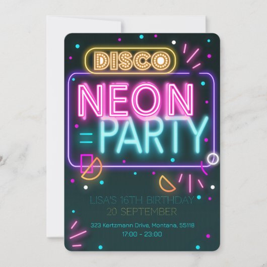 Leuke Disco Neon 16de verjaardagsuitnodiging Kaart (Voorkant)