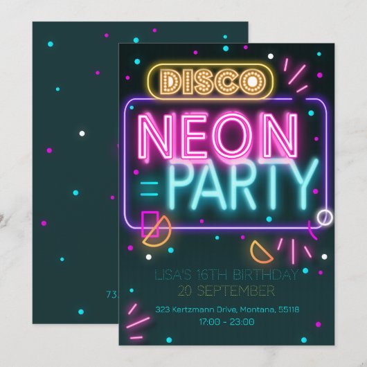 Leuke Disco Neon 16e feestuitnodiging Kaart (Voorkant / Achterkant)