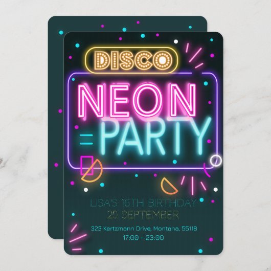 Leuke Disco Neon 16e feestuitnodiging Kaart (Voorkant / Achterkant)
