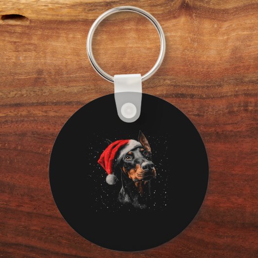 Leuke Dobermann-hond Kerstlichten Kerstmannenhoed  Sleutelhanger (Voorkant)
