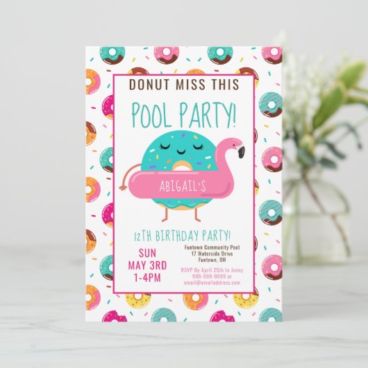 Leuke Donut Flamingo Verjaardag Zwembad Party Meis Kaart (Staand voorkant)