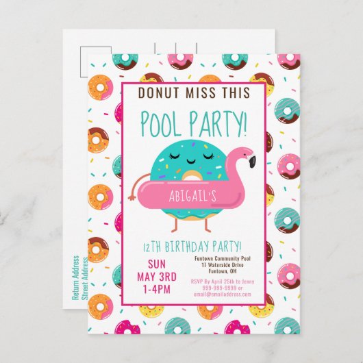 Leuke Donut Flamingo Verjaardag Zwembad Party Meis Uitnodiging Briefkaart (Voorkant / Achterkant)