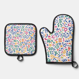 Leuke doodle kleurrijke levendige vormen ovenwant & pannenlap set