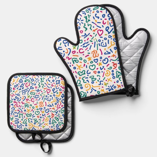 Leuke doodle kleurrijke levendige vormen ovenwant & pannenlap set (Voorkant / Achterkant)