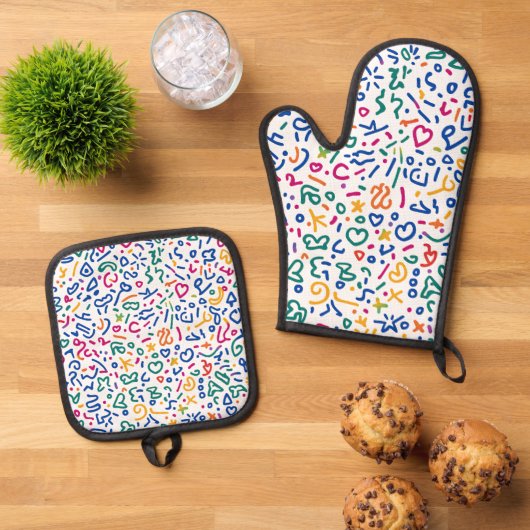 Leuke doodle kleurrijke levendige vormen ovenwant & pannenlap set (Top down)