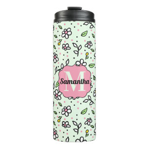 Leuke Doodle Madeliefjes Bloemen Cute Patroon Mono Thermosbeker