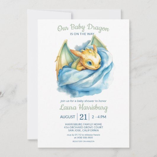 Leuke Dragon Sage Groen Blauw Baby Jongen Douche Kaart (Voorkant)