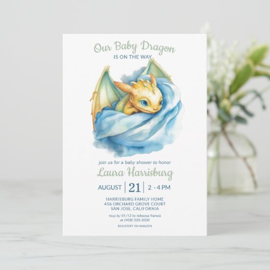 Leuke Dragon Sage Groen Blauw Baby Jongen Douche Kaart (Staand voorkant)