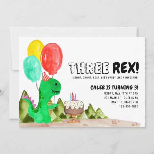 Leuke DRIE Rex Balloon Cake Dinosaurus 3e Verjaard Kaart (Voorkant)