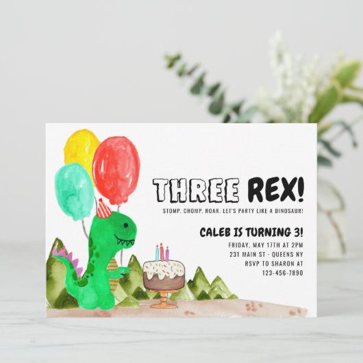 Leuke DRIE Rex Balloon Cake Dinosaurus 3e Verjaard Kaart (Staand voorkant)