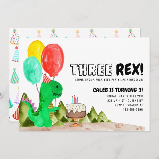 Leuke DRIE Rex Balloon Cake Dinosaurus 3e Verjaard Kaart (Voorkant / Achterkant)