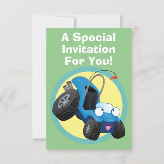 Leuke duinbuggy off-road voertuig cartoon uitnodig kaart (Achterkant)