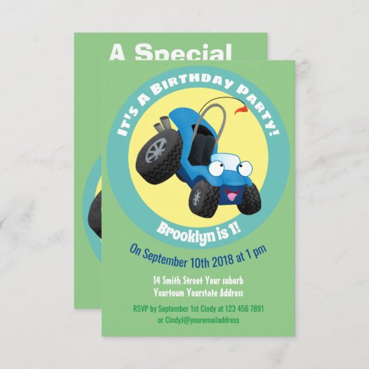 Leuke duinbuggy off-road voertuig cartoon uitnodig kaart (Voorkant / Achterkant)