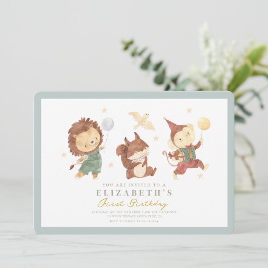 Leuke Eekhoorn, leeuw en aap Eerste Verjaardag Kaart (Staand voorkant)