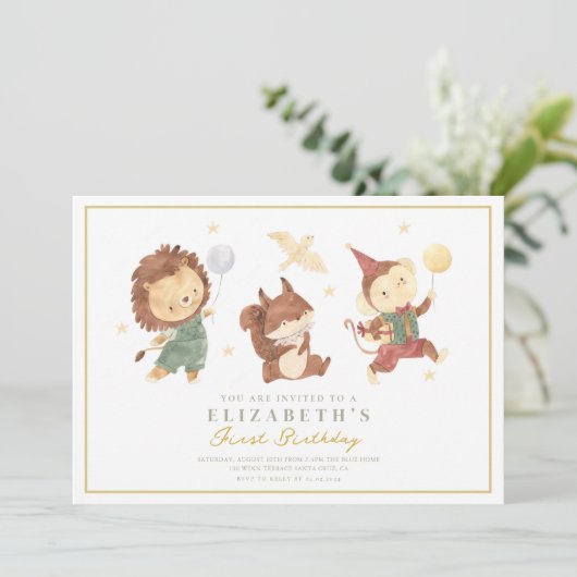 Leuke Eekhoorn, leeuw en aap Eerste Verjaardag Kaart (Staand voorkant)