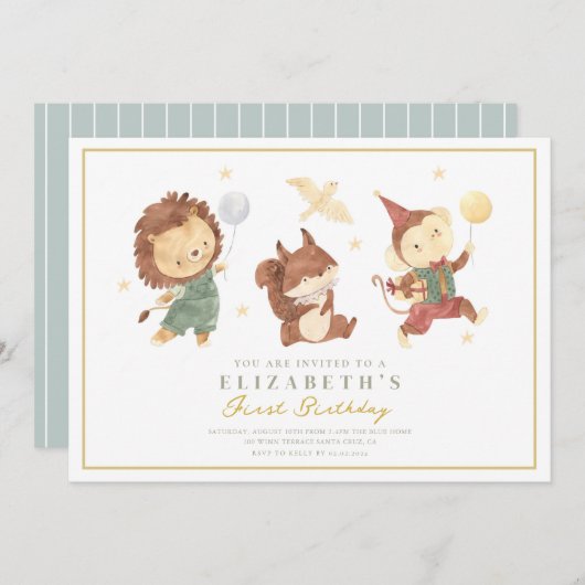 Leuke Eekhoorn, leeuw en aap Eerste Verjaardag Kaart (Voorkant / Achterkant)