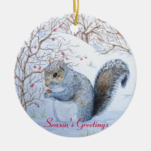 Leuke Eekhoorn Wildlife Sneeuwscène bij Kerstmis Keramisch Ornament (Voorkant)