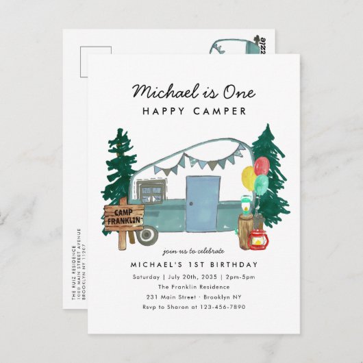 Leuke Een Gelukkige Camper Bomen Camping 1e Verjaa Briefkaart (Voorkant / Achterkant)