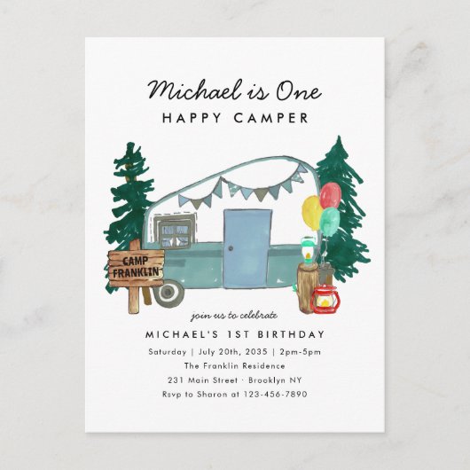 Leuke Een Gelukkige Camper Bomen Camping 1e Verjaa Briefkaart (Voorkant)