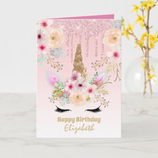 Leuke Eenhoorn Fantasy Meisje Roze Goud Genoemd Kaart (Gele Bloem)