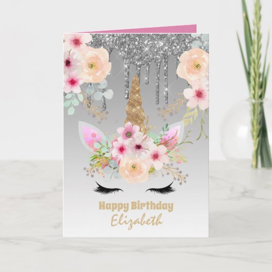 Leuke Eenhoorn Fantasy  Meisje Zilver Roze Naam Kaart (Voorkant)