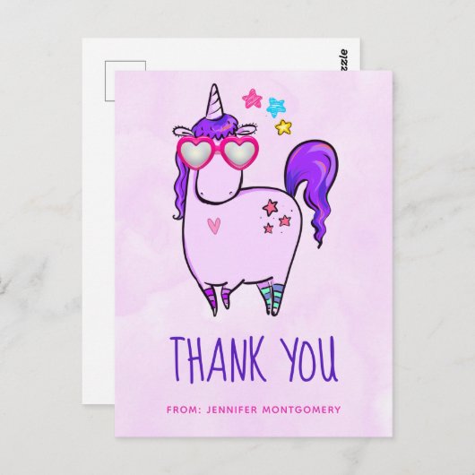 Leuke eenhoorn in hartvormige glazenDank u Briefkaart (Voorkant / Achterkant)