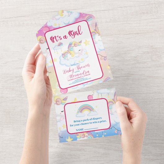 Leuke Eenhoorn Rainbow Baby shower All In One Uitnodiging (Afscheurbaar)