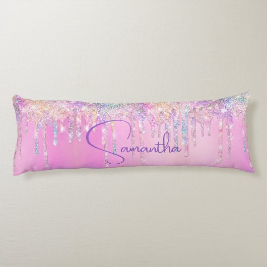 Leuke eenhoorn roze faux glitter druppels monogram lichaamskussen (Achterkant)
