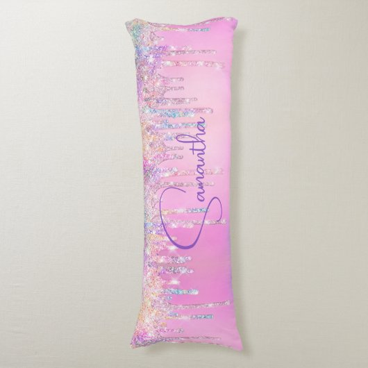 Leuke eenhoorn roze faux glitter druppels monogram lichaamskussen (Voorkant Verticaal)