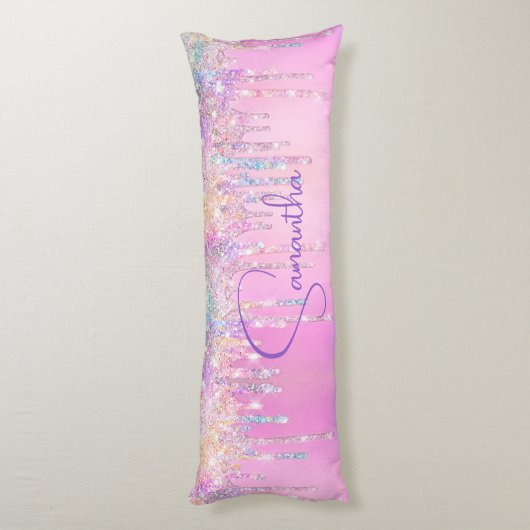 Leuke eenhoorn roze faux glitter druppels monogram lichaamskussen (Achterkant (Verticaal))