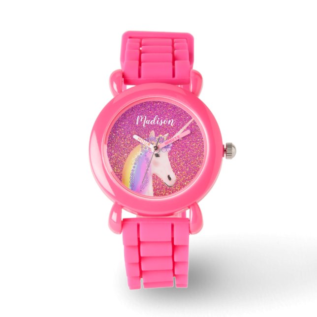 Leuke Eenhoorn Roze Glitter Gepersonaliseerd Kind Horloge (Voorkant)