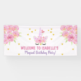 Leuke Eenhoorn Roze Waterverf Bloemen Verjaardag Spandoek