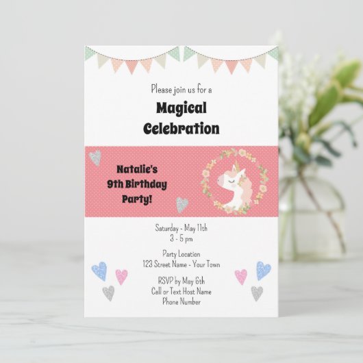 Leuke Eenhoorn Verjaardagsfeestuitnodiging Kaart (Staand voorkant)