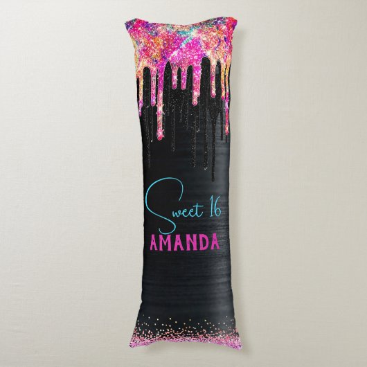 Leuke eenhoorn zwarte glitters verjaardag monogram lichaamskussen (Voorkant Verticaal)