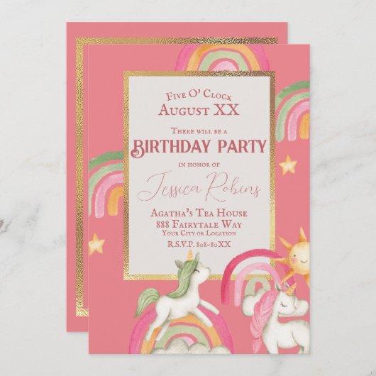 Leuke Eenhoorns en Regenbogen op Roze Kaart (Voorkant / Achterkant)